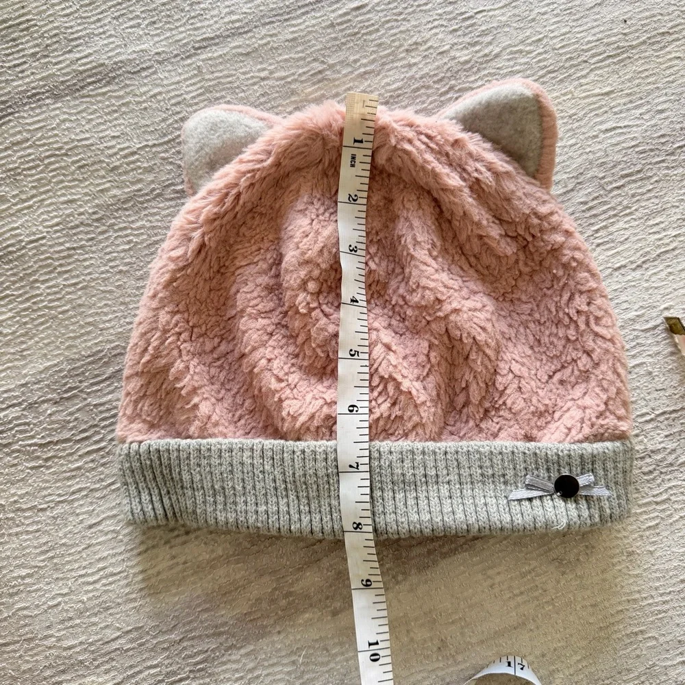 Kids Pink Plush Cat Ear Beanie Hat with Gray Trim, Size 4-6